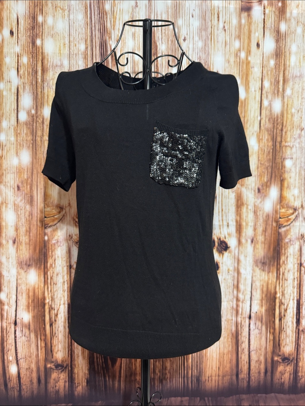 Talbots Black Short Sleeve Top with Sequin Pocket